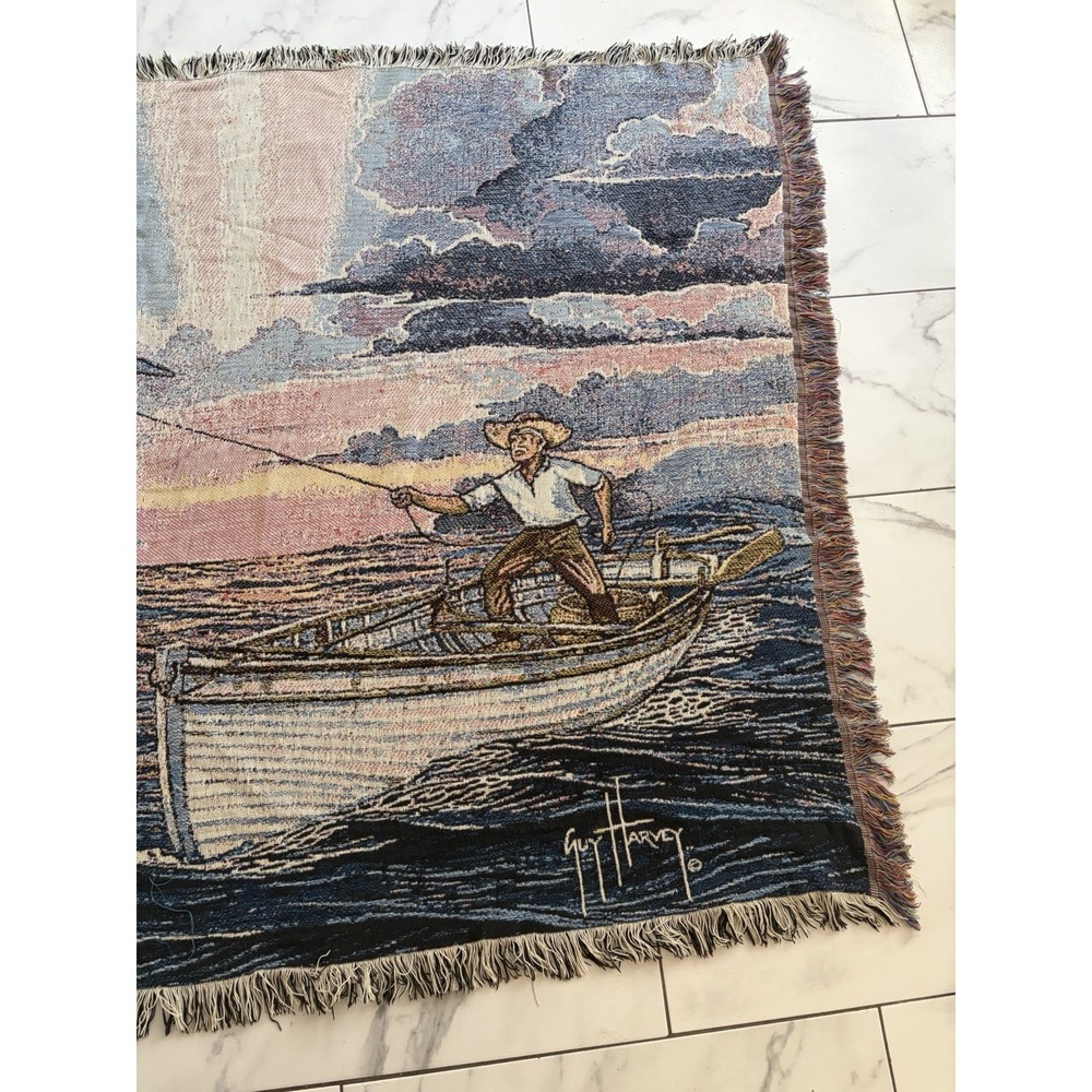 Rare Guy Harvey Marlin Fisherman Woven Throw Blanket Fringe Tapestry Apprx 70x50 - Picture 4 of 5